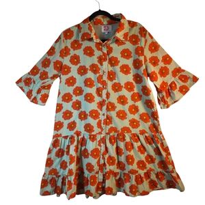 Victoria Dunn Orange Floral Tiered Shirt Dress | Size Large | Made in India